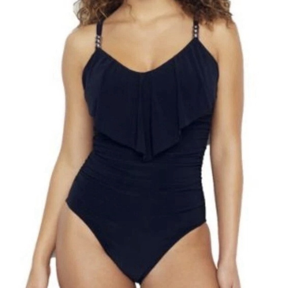 Magicsuit women's Isabel Ruffle One Piece Swimsuit size 10 Solid Black Silver